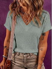 cheap Plain tee-Women's Waffle T-shirt Tee Top Solid Color Elegant Fashion Stylish Short Sleeve Batwing Sleeve V Neck Regular Tops Casual Going out Black White Pink Green Apricot Summer Spring