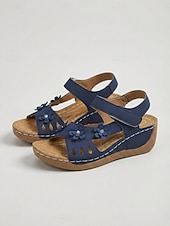 economico Sandali con zeppa-Sandali con zeppa casual colorati da donna – scarpe estive decorate con fiori, sandali aperti con velcro regolabili per feste in giardino e viaggi &amp;abbigliamento quotidiano