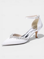 abordables Zapatos de salón de tacón bajo-Zapatos de tacón bajo de satén rosa para mujer, zapatos de salón con tira en el tobillo y punta afilada con pedrería para cócteles y bodas. &amp;eventos nocturnos
