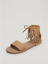 cheap Flat Sandals-Women's Khaki Fringe Sandals – Boho Ankle Tie Flat Sandals for Music Festival &amp; Summer Vacation Wear