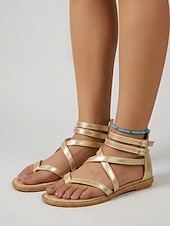 cheap Women-Women's Gold Gladiator Flat Sandals – Strappy Thong Beach Sandals for Outdoor Resorts &amp; Summer Vacation Wear