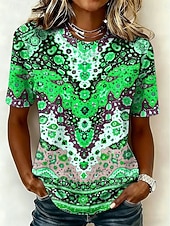 cheap Boho tee-Women's T Shirt Print Graphic Tribal Vintage Stylish Casual Short Sleeve Crew Neck Round Neck Regular Tops Casual Daily Blue Purple Orange Green Summer Spring