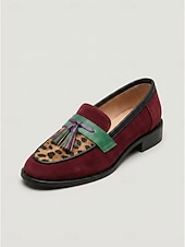 ieftine Mocasini de Damă-Mocasini de damă din piele întoarsă vișinie și verde cu ciucuri și accente de leopard – pantofi comozi de zi cu zi pentru serviciu și ținute casual