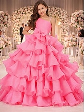 preiswerte Kleider für die Blumenmädchen-Prinzessin Bodenlang Blumenmädchenkleid Wettbewerb  Aufführung Mädchen Süßes Ballkleid Chiffon mit Schleife(n) Schichten Plissee Größen 3-16 Jahre Kleid zum Beeindrucken