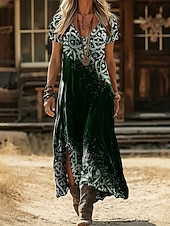 お買い得  エスニックボヘミアンドレス-女性用 マキシドレス 自由奔放に生きるドレス カジュアルドレス A ラインドレス プリントドレス ヴィンテージ アウトドア バケーション 週末 ルーズフィット グラフィック 半袖 Ｖネック ブラック イエロー ライトグリーン ピンク 夏 春