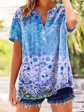 preiswerte Blumen-T-Shirt-Damen T Shirt Blumen Grafik Pflanzen Stilvoll Klassisch Kurzarm V Ausschnitt Normale Oberteile Lässig Täglich Blau Rosa Purpur Sommer Frühling