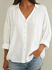 economico Camicie Finte Essenziali-Per donna Blusa Finto cotone e lino Bottoni Tinta unica Essenziale Casual Manica Lunga Scollo a V Top Regolari Quotidiano Blu Bianco Rosa Verde Estate Primavera Autunno