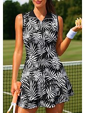 cheap Women's Tennis Dress-Women's Trees / Leaves Floral Botanical Tennis Dress Sports Dress Sleeveless Floral Breathable Tennis Golf Badminton Polo Collar Zip Collar Dress Black with White Wine Navy Blue Tennis Clothing