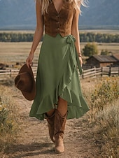voordelige Vakantierokken-Dames Vakantierok Elegant Modieus Casual Midi Medium taille Rokken Effen Met ruches Onregelmatige zoom Inelastisch Dagelijks Straat Zwart Blozend Roze Leger Groen Rood Zomer