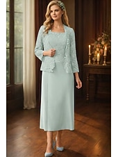 abordables Conjuntos de vestidos para mamá-Conjuntos de vestidos Vestido de invitada de boda largo hasta el suelo Vestido de la madre de la novia Manga larga Cuello redondo Elegante Simple Invitada de boda con color sólido