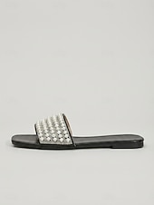 cheap Women-Women's Black Pearl Decorated Slide Sandals - Chic Flat Beach Slippers with Faux Pearl Straps for Island Vacations, Summer Resorts &amp; Elegant Poolside Lounging