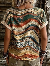 billige Boho t-skjorte-Dame T skjorte Trykt mønster Grafisk Geometrisk Stamme Stilfull Fritid Kortermet V-hals Vanlige topper Avslappet Daglig Gul Lilla Oransje Brun Sommer Vår