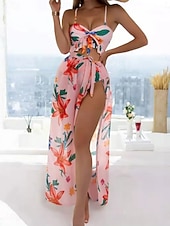 preiswerte 3-teiliges Bikini-Set-Damen Badeanzug Bikini Dreiteilig Slips Bademode Gerafft Urlaub Strandbekleidung Blumen Grafik V Ausschnitt Ärmellos Badeanzüge