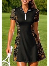 Χαμηλού Κόστους Φόρεμα Γυναικών-Γυναικεία Μπόχο Άνθινο Φόρεμα πόλο τένις Κοντομάνικο Τρίμηνο φερμουάρ Ελαστικό Σκούπισμα ιδρώτα Αναπνέει Πετόσφαιρα Τέννις Γκολφ Απορρίπτω Φορέματα Μαύρο Ρούχα τένις