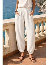 abordables Fondos-Mujer 100% Algodón Pantalones anchos Pantalones Harem Vacaciones Básico Confort Largo Cintura Media Color sólido Bolsillo Cintura elástica Cómodo Transpirable Rígido Diario Casual Gris Negro Blanco