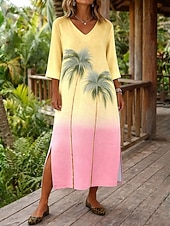 economico Abiti Boho-Per donna Abito maxi Abito Boho Abito a Tubino Vestito Estivo Abito in lino Bohemien Vacanza Etnico Spiaggia Ferie Data Vestibilità comoda Grafico Astratto Tropicale Manica 3/4 Scollo a V Blu Giallo