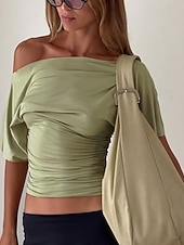  Per donna Top con spalle scoperte Maglietta Top da uscita Grafico Semplice Vintage Elegante Manica Corta Asimmetrico Senza Spalle Top Regolari Casuale Spiaggia Estate Nero Bianco Verde Estate