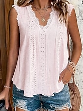 abordables Camiseta lisa-Mujer Parte superior con ojales Camiseta de punto Con Texturas Graphic Plantas Elegante Sensual Clásico Sin Mangas Escote en Pico Tops regulares Casual Diario Playa Blanco Amarillo Rosa Rosa