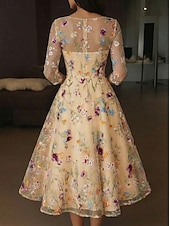  Linea ad A Lunghezza alla caviglia Abiti da Cocktail Elegante Vintage Floreale Mezza Manica Scollo a V Festa in giardino Matrimonio Raso Tulle con Fiore ricamato Pieghe Ricamo