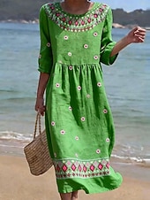 voordelige Gestreepte &amp; Geometrische Jurken-Dames Halflange jurk Zonnejurk Zomerjurk Vakantie Casual Boho Strand Feestdagen Ruim Passend Bloemig Grafisch Geometrisch 3/4 mouw Strakke ronde hals blauw Blozend Roze Paars Groen Zomer Lente