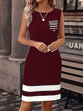 preiswerte Streifen- und geometrisches Kleid-Damen Minikleid Shiftkleid T-Shirt-Kleid Sommerkleid Lässig Täglich Normale Passform Grafik Geometrisch Farbblock Ärmellos Rundhalsausschnitt Blau Schwarz Wein Purpur Sommer
