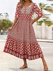 preiswerte Boho Kleider-Damen Midikleid Sommerkleid Urlaub Lässig Boho Täglich Strand Normale Passform Blumen Halbarm Rundhalsausschnitt Blau Rote Dunkelblau Beige Sommer Frühling