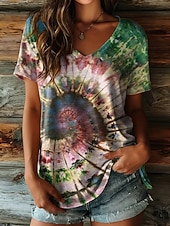 voordelige Kunst &amp; Design t-shirt-Dames T-shirt Afdrukken Grafisch Tie Dye Abstract Stijlvol Klassiek Casual Korte mouw V-hals Normale tops Casual Dagelijks Paars Bruin Groen Zomer Lente