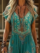 preiswerte Ethnisches Boho-Kleid-Damen Midikleid Boho-Kleid Freizeitkleid A Linie Kleid Druckkleid Vintage Outdoor Urlaub Wochenende Normale Passform Blumen Grafik Kurzarm V Ausschnitt Blau Sommer Frühling