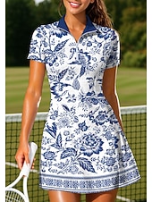 preiswerte Damenkleid-Damen Blumenmuster Böhmische Tenniskleid Sportkleid Kurzarm Druck Atmungsaktiv Volleyball Tennis Golfspiel Polokragen Reißverschlusskragen Kleid Blau und Weiß Schwarz Rosa Tennisbekleidung