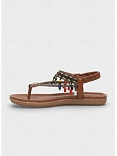 abordables Sandalias Planas-Sandalias bohemias con cuentas y flecos en el tobillo para mujer: zapatos de playa planos y cómodos para vacaciones, resorts, festivales y viajes informales.