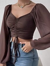 tanie Chiffon Tops-Damskie Koszula Bluzka Bluzki z szyfonu Z marszczeniami Równina Elegancki Podstawowy Klasyczny Długi rękaw W serek Zwykłe topy Codzienny Impreza Święto Niebieski Czerwonobrązowy Czarny Biały