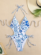 preiswerte Einteiler-Damen Badeanzug Einteiler Bikini Hohe Taillenlinie Bademode Gerafft Patchwork Urlaub Strandbekleidung Blumen Grafik Neckholder Ärmellos Badeanzüge