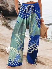 cheap Women's Bottoms-Women's Faux Cotton Linen Wide Leg Chinos Summer Pants Vacation Fashion Streetwear Full Length Mid Waist Floral Graphic Abstract Pocket Elastic Waist Print Comfy Comfort Breathability Inelastic Daily