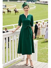 cheap Tea Length-A-Line Tea Length Party Dress Cocktail Dress Wedding Guest Dress Mother of the Bride Dress Half Sleeve V Neck Elegant Vintage Party with Pleats