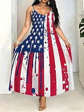  Amerykański Dzień Niepodległości Damskie Sukienka maxi Sukienka letnia Sukienka A line Sukienka na ramiączkach Urlop Codzienny Plaża Wyjściowe Regularny Graficzny Gwiazdy i paski Bez rękawów W serek