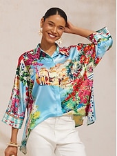 Недорогие Блузки и рубашки-Топ из шелковистого атласа с рукавами «летучая мышь» с рисунком «цветок Майорки»