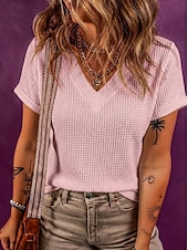 cheap Plain tee-Women's Waffle T-shirt Tee Top Solid Color Elegant Fashion Stylish Short Sleeve Batwing Sleeve V Neck Regular Tops Casual Going out Black White Pink Green Apricot Summer Spring
