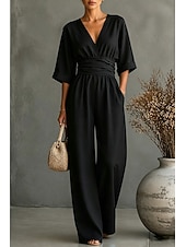 preiswerte Urlaubsoverall-Damen Overall Elegant Einfarbig Halbarm Weites Bein V Ausschnitt Patchwork Tasche Täglich Urlaub Normale Passform Schwarz Weiß Gelb Sommer