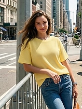 Недорогие Простая футболка-Жен. Вафельная рубашка Футболка Футболки Топы в вафельном вязании Сплошной цвет Классика Современное На каждый день С короткими рукавами Вырез под горло Обычные топы Повседневные Праздники На выход