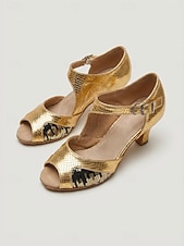 preiswerte 1920er Jahre &amp; Gatsby-Ära-Goldene Damen-Lateintanzschuhe, offene Zehenpartie, Knöchelriemen, niedriger Absatz, Übungsschuhe für Salsa, Tango und Standardtänze &amp; Ausbildung