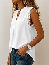 billiga Enkel tank-Dam Spetsskjorta Blus Chiffong toppar Lappverk Slät Elegant Semester Ärmlös V-hals Långa toppar Ledigt Vitt mönster Rodnande Rosa Grön Beige Sommar