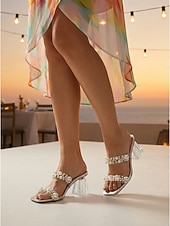 economico Sandali con tacco-Eleganti sandali da donna color argento con decorazioni di perle finte - sandali trasparenti chic per serate in resort e matrimoni in spiaggia &amp;galà estivi
