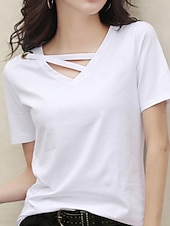 tanie gładka koszulka-Damskie Podkoszulek Koszulka Przekrój krzyżowy z otworem Równina Moda Elegancki Klasyczny Krótki rękaw W serek Zwykłe topy Codzienny Wyjściowe Weekend Czarny Biały Żółty Rumiany róż Zielony Lato