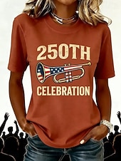  Dia da Independência Americana Festival de Música Mulheres Camiseta Imprimir Gráfico Letra Música Vintage à moda Clássico Manga Curta Gola Redonda Tops regulares Diário Final de semana Marron Verão