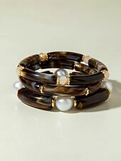 billige Damearmbånd-Bohemsk 3-delt armbåndssett i akryl for kvinner, elastiske, stabelbare armbånd, perfekt for strandferie, hverdagsbruk og sommertilbehør