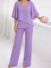 cheap Women's Blouse Suits-Women's Blouse Wide Leg Pants 3/4 Length Sleeve V Neck Plain Ruffle Fashion Streetwear Daily Casual Daily Pink Purple Khaki Spring &amp;  Fall Regular Fit