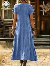  abito midi da donna 100% cotone, abito lavato, abito casual, abito t-shirt, abito maglietta, basic, classico, quotidiano, vacanza, vestibilità regolare, tinta unita, manica corta, scollo a V, blu, estate, primavera