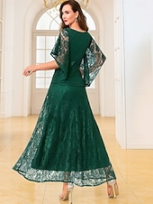 billige Gulvlengde-A-Linje Gulvlengde Bryllupsgjestkjole Formelle Kjoler Kveldsdrakt Mor til bruden Kjole Kortermet Rundhals Elegant Vintage Fest Blonde med Blonde