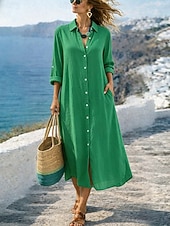 abordables Dresses-Women's Maxi Dress Cotton Linen Dresses Shift Dress Basic Daily Loose Fit Plain Long Sleeve Shirt Collar Black White Light Brown Orange Summer Spring Fall