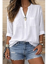 preiswerte Einfache Blusen-Damen 100% Baumwolle Hemd Popover Hemd Sommerhemd Shirt Einfarbig Schlicht Urlaub Mode Lässig Langarm Rundhals Lange Tops Streetwear Strand Feiertag Weiß Sommer Frühling Herbst